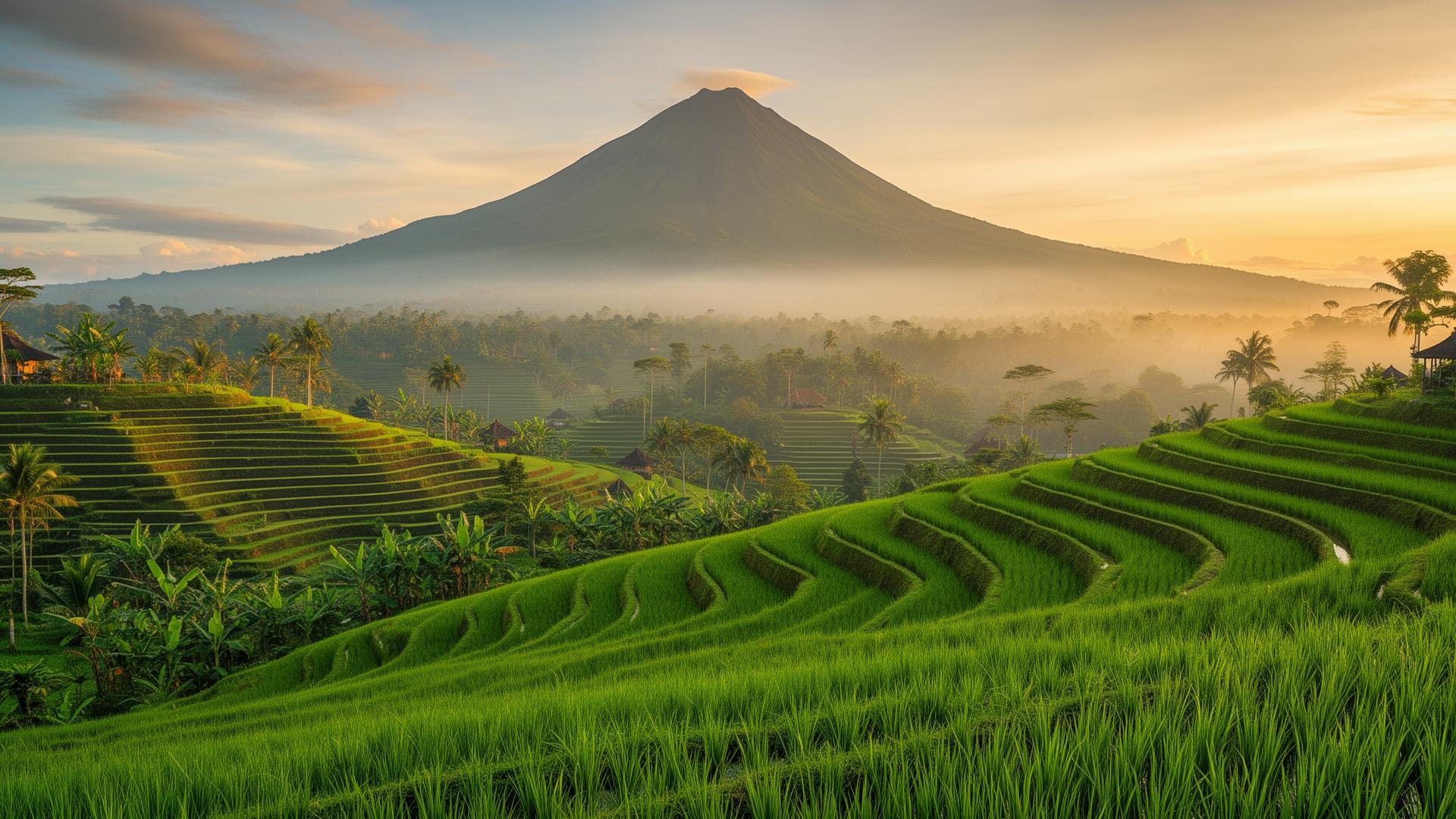 Rice terraces in Tetebatu with Mount Rinjani at sunrise