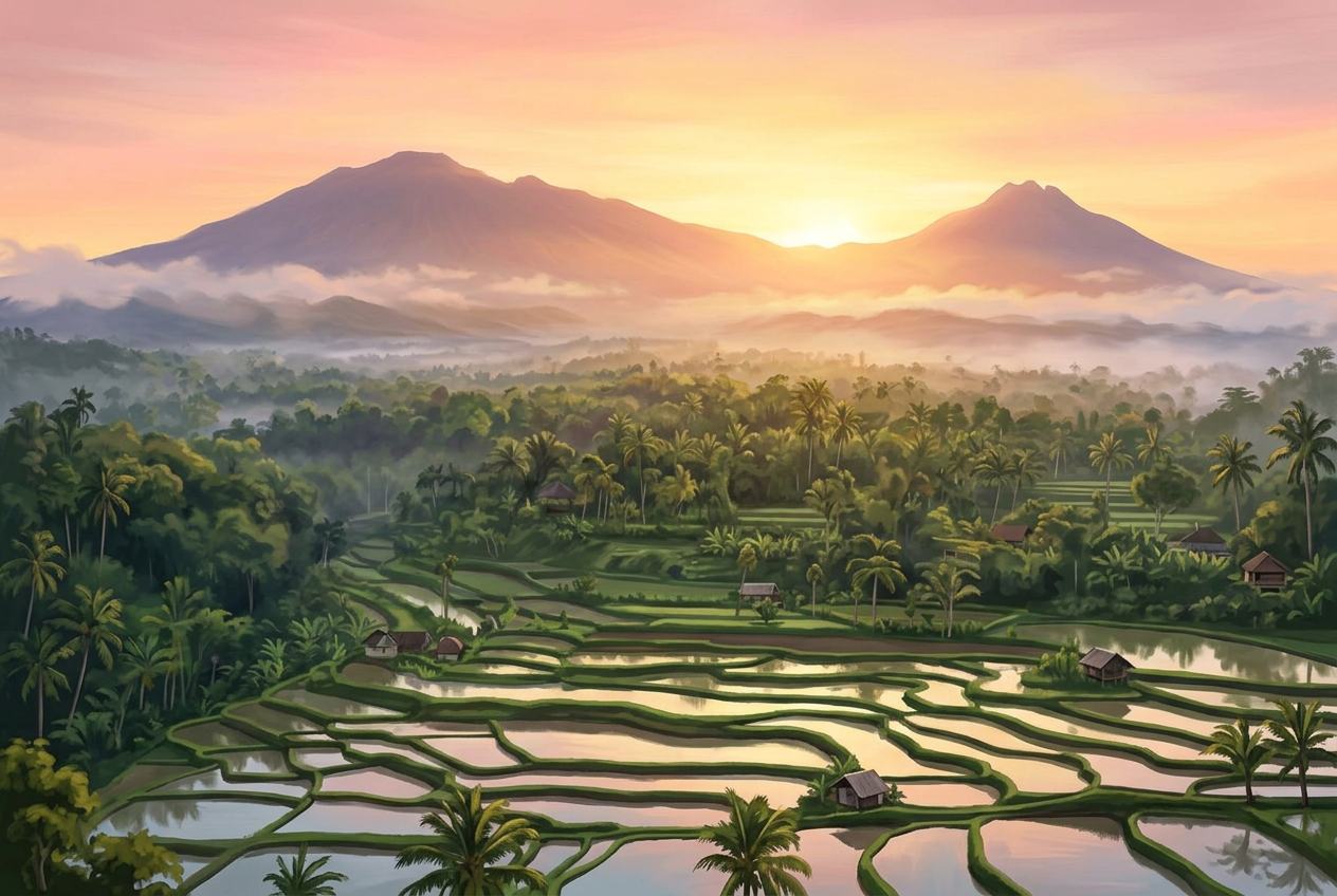 Rice terraces in Tetebatu with Mount Rinjani at sunrise